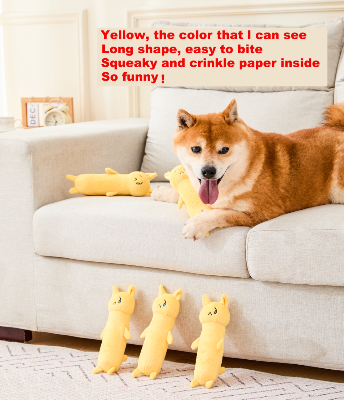 Juguetes chirriantes para perros largos amarillos, juguetes interactivos para perros, juguetes duros para perros, mordedores de juguete para perros, juguetes suaves adorables personalizados para razas peque&ntilde;as